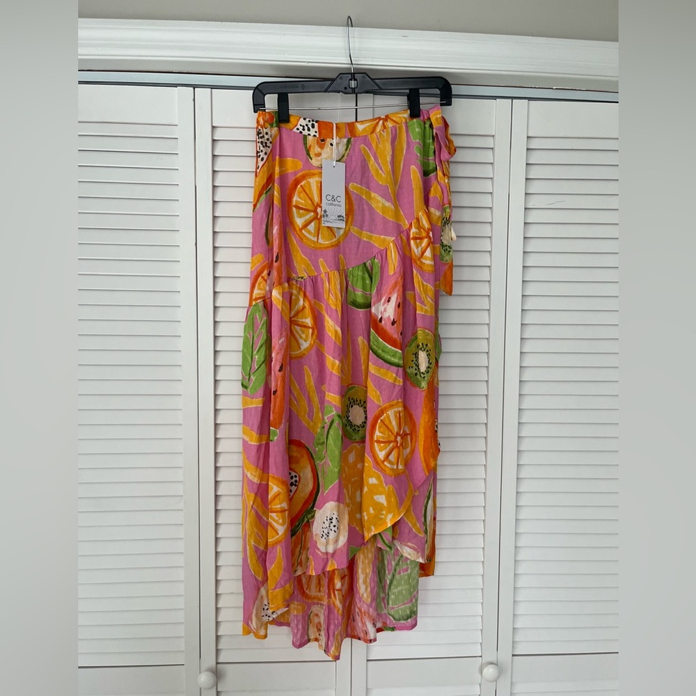 C&C California Pink Tropical Fruit Tiered Maxi Skirt